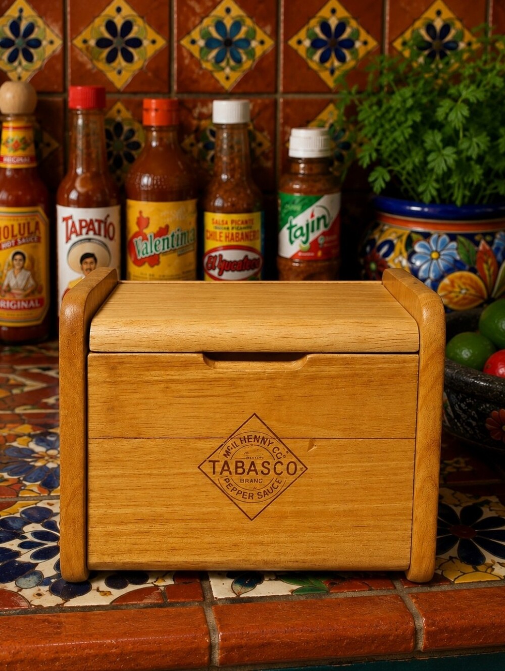TABASCO Brand Hot Sauce Golden Oak Wooden Wood Kitchen Recipe Card File Box FLAW